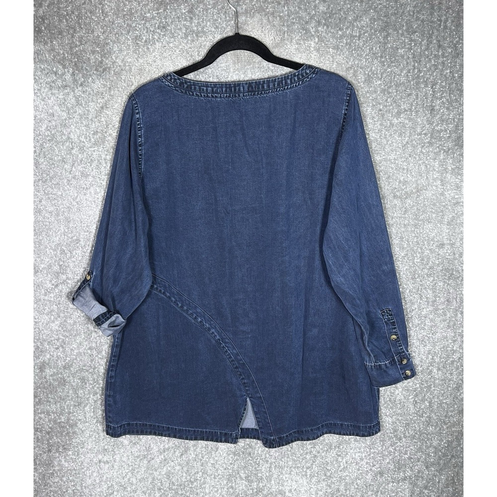 Soft Surroundings Chambray Tunic Top Womens Size Large Blue Long Sleeve Roll Tab - Picture 2 of 8